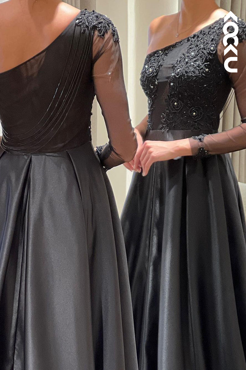 L2398 - Couture & Ornate One-Shoudler Long A-line Slit Applique Pearls Formal Prom Dress