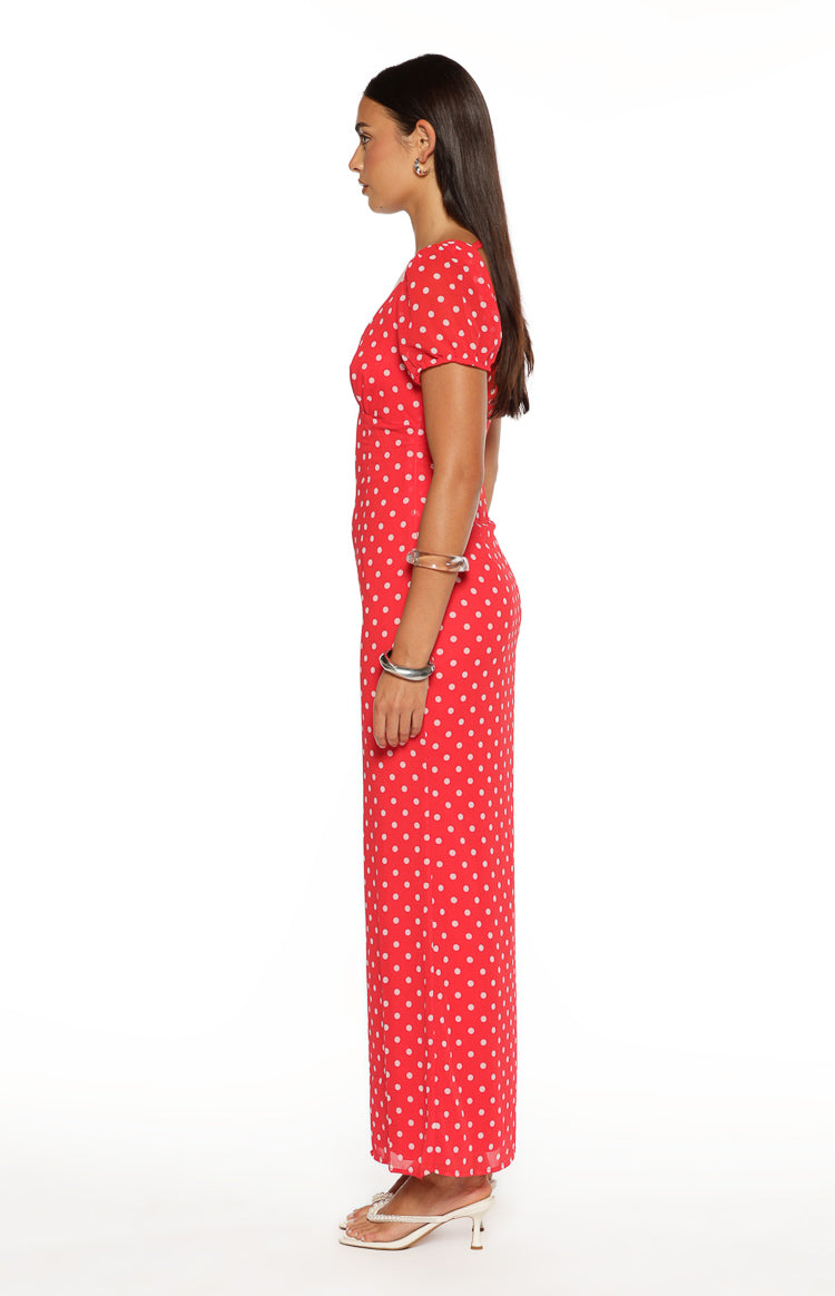 Polka Dot Deep V-Neck Puff Short Sleeve Bodycon Maxi Dress 7