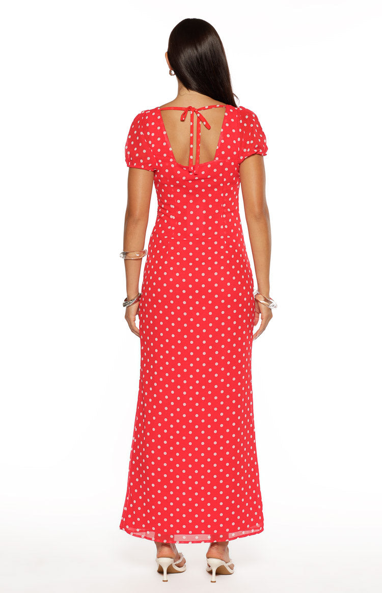 Polka Dot Deep V-Neck Puff Short Sleeve Bodycon Maxi Dress 8