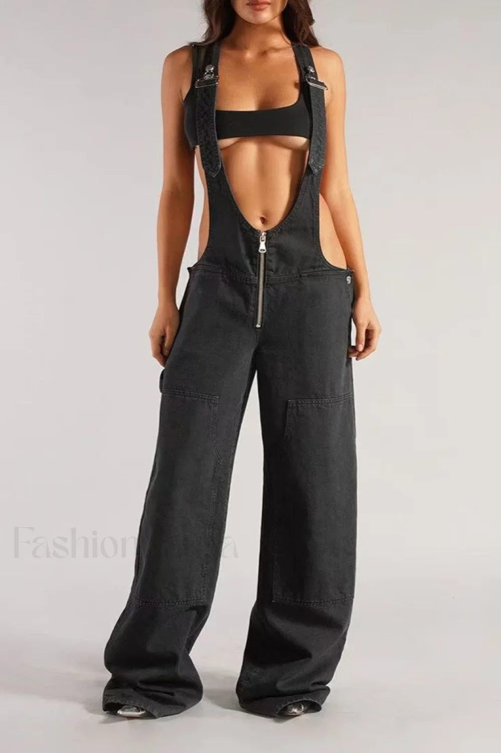 Low Rise Wide Leg Overall Jeans Black / S