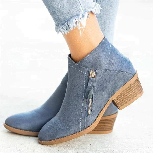 Round Toe Side Zip Block Heel Ankle Boots