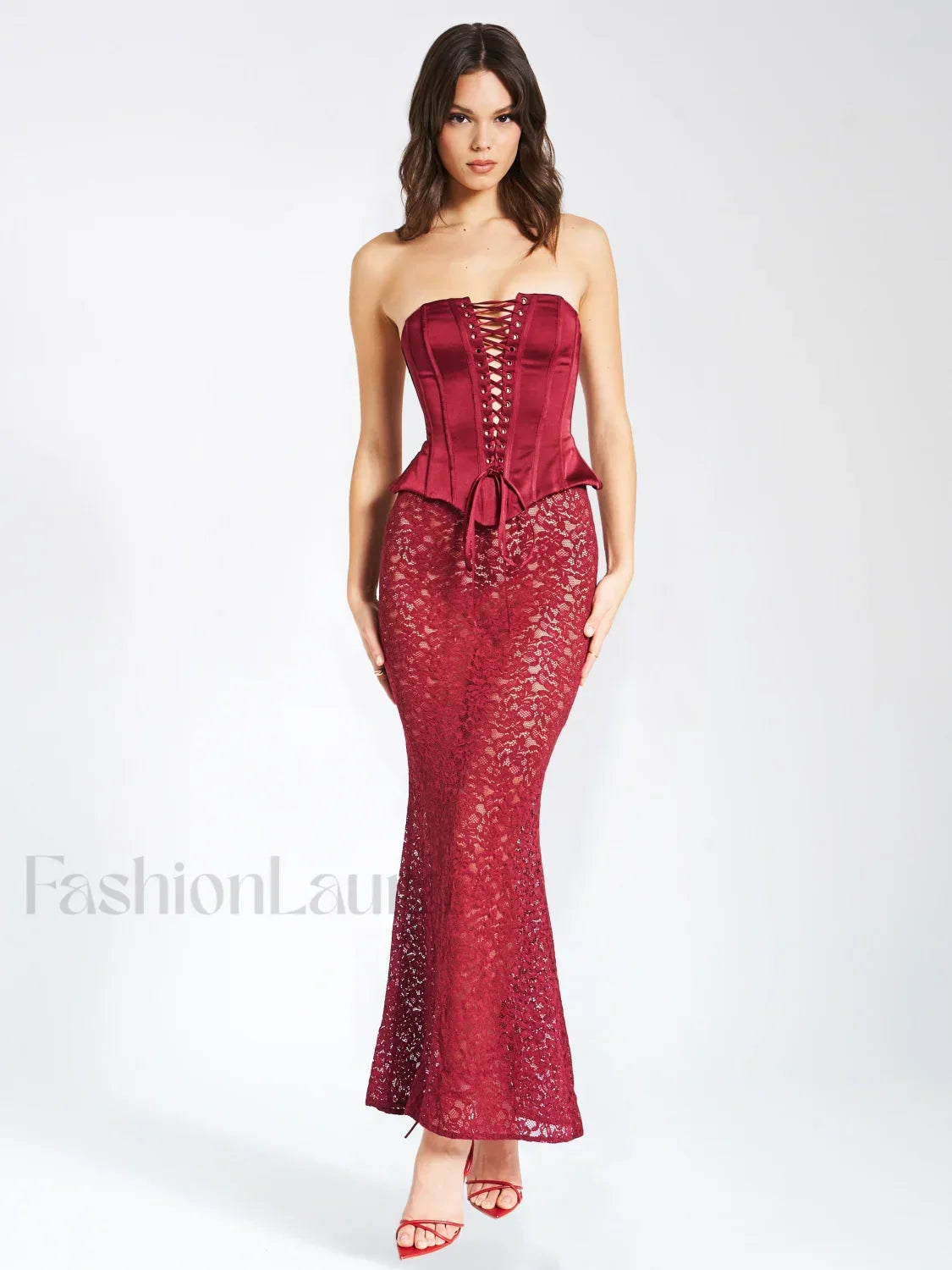 Lucinda Burgundy Satin Charming Lace Corset Maxi Dress