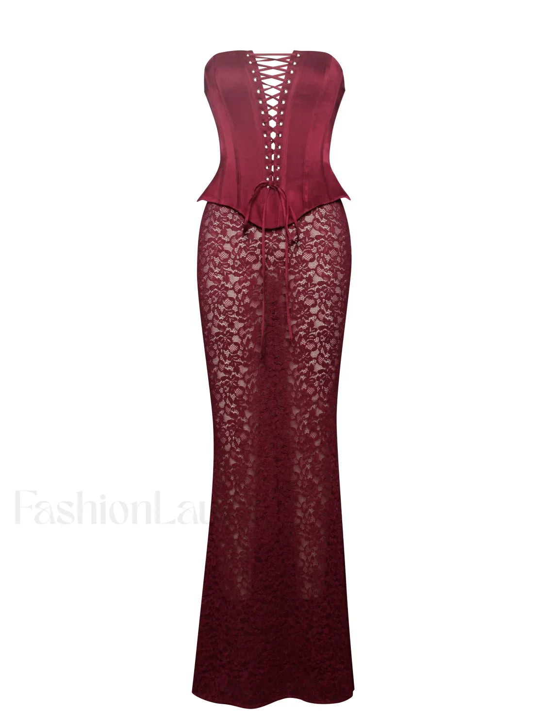 Lucinda Burgundy Satin Charming Lace Corset Maxi Dress