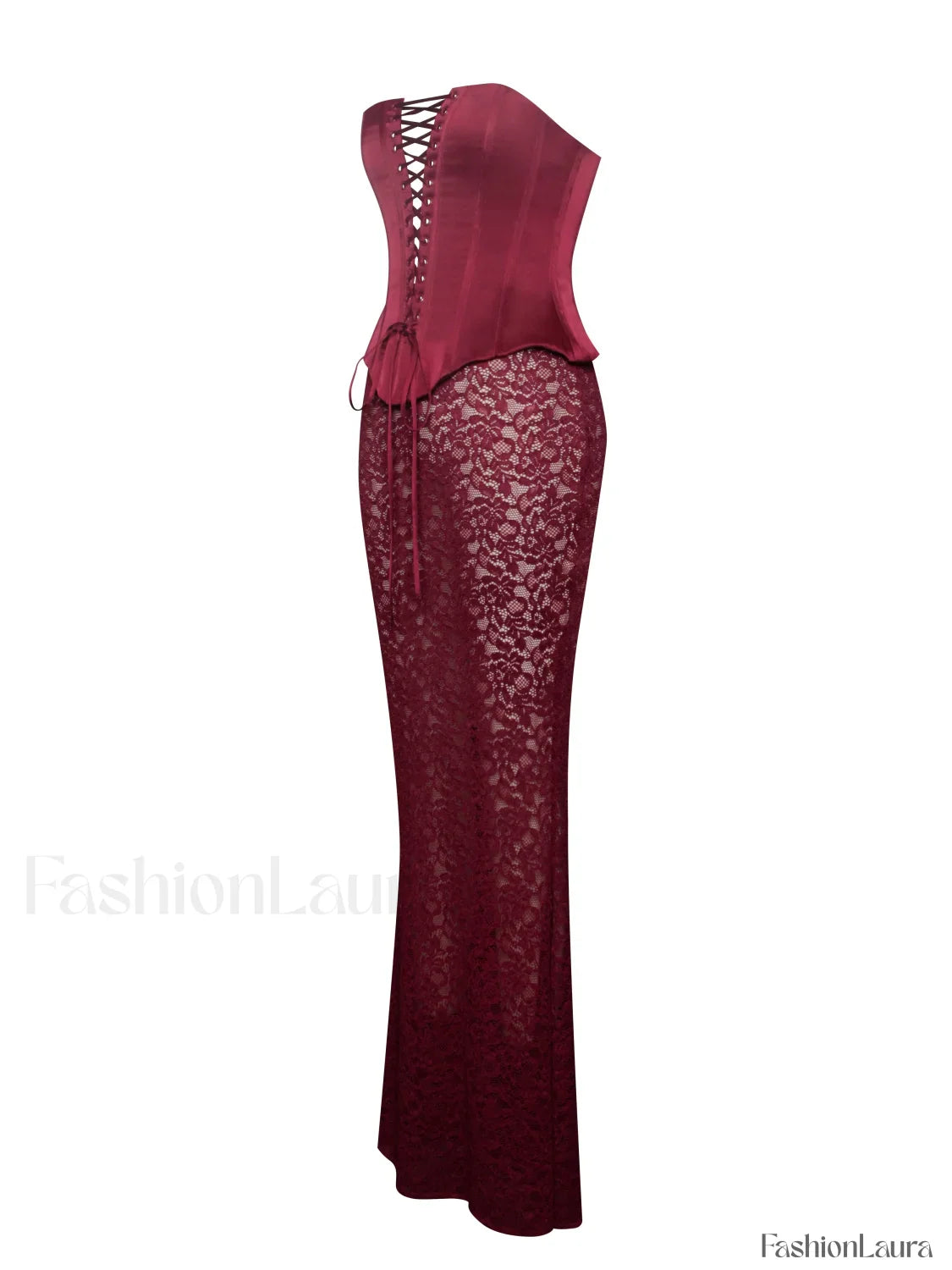 Lucinda Burgundy Satin Charming Lace Corset Maxi Dress