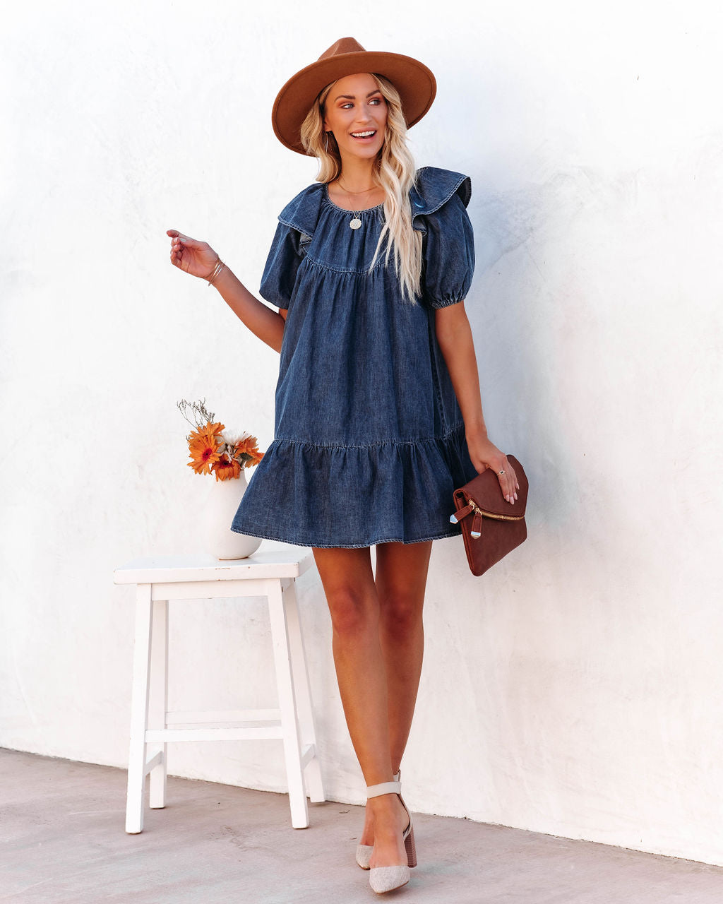 Luis Cotton Puff Sleeve Babydoll Dress Dark Wash