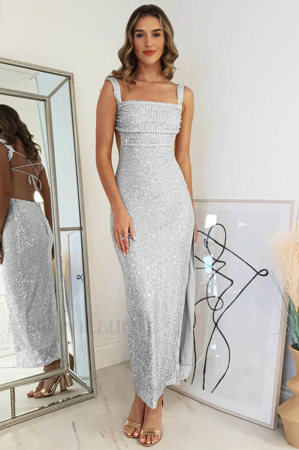 Lulana Sequin Stylish Midi Dress S / Silver