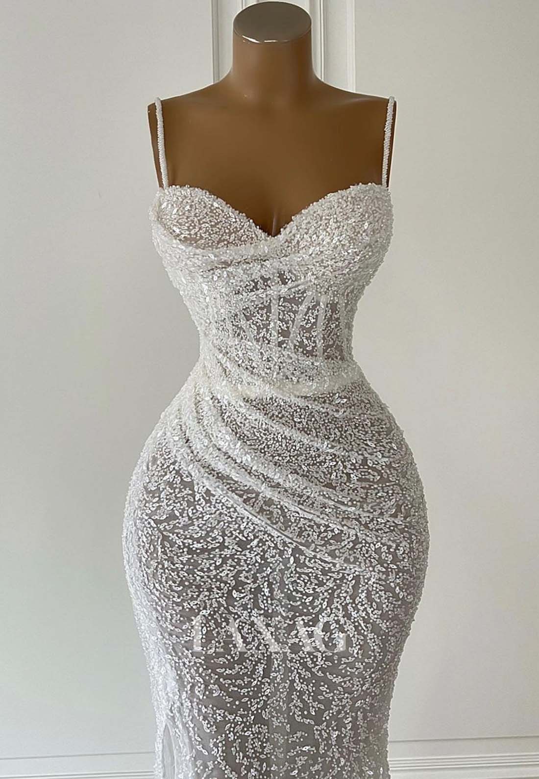 Spaghetti Straps Sweetheart Sleeveless Beaded Evening Dress Glitter illusion Mermaid Prom Dress