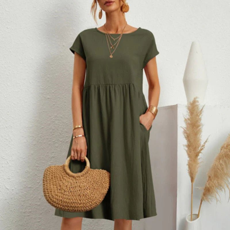 Round Neck Short Sleeve Smock Pocket Midi Dress