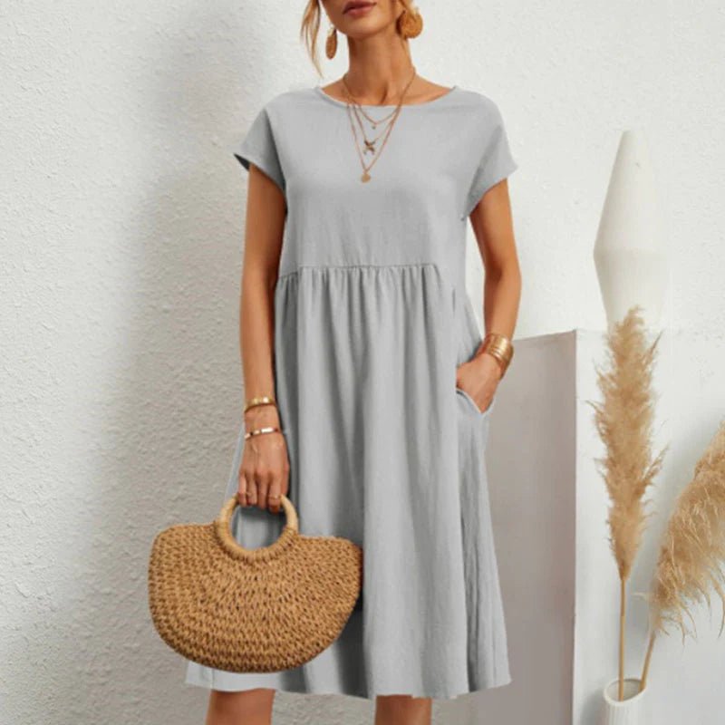 Round Neck Short Sleeve Smock Pocket Midi Dress