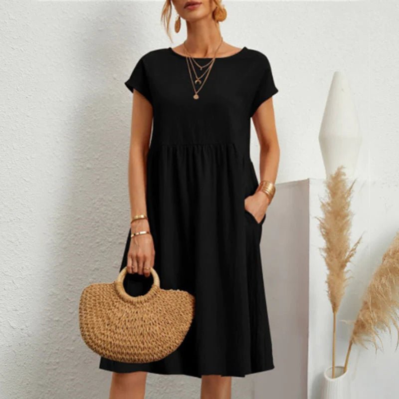 Round Neck Short Sleeve Smock Pocket Midi Dress