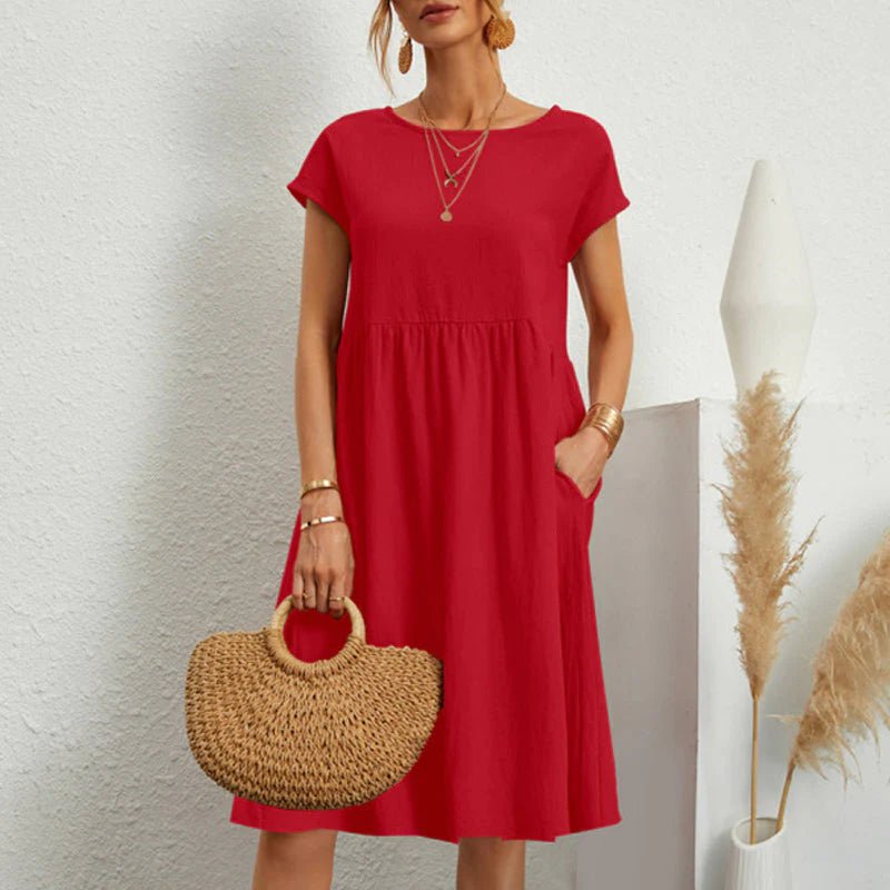 Round Neck Short Sleeve Smock Pocket Midi Dress