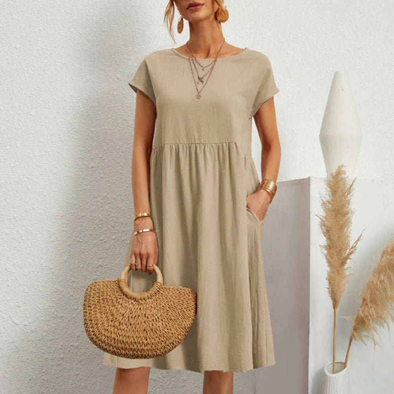 Round Neck Short Sleeve Smock Pocket Midi Dress