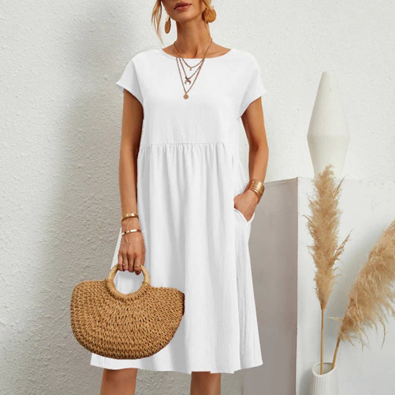 Round Neck Short Sleeve Smock Pocket Midi Dress