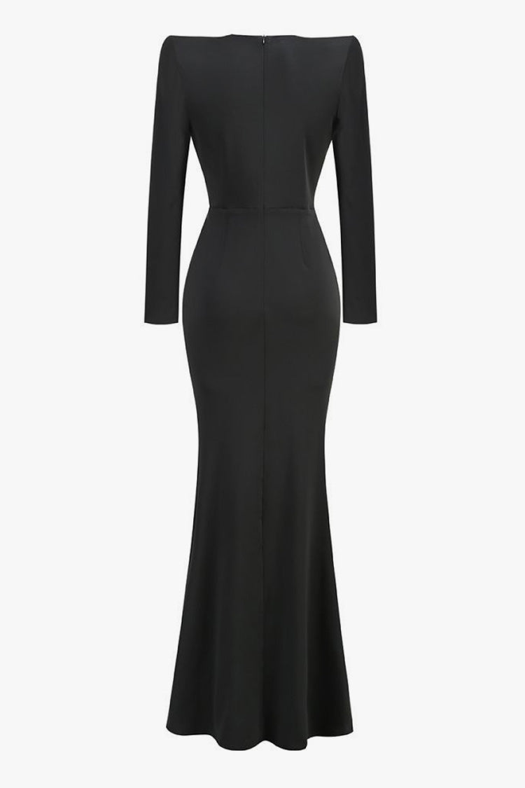 Luxurious Crystal Plunge Strong Shoulder Long Sleeve Evening Maxi Dress