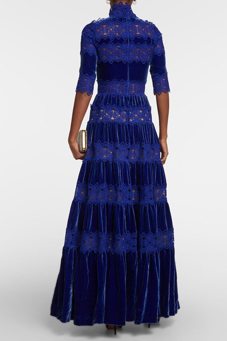 Velvet High Neck Half Sleeve Lace Trim Tiered Maxi Dress