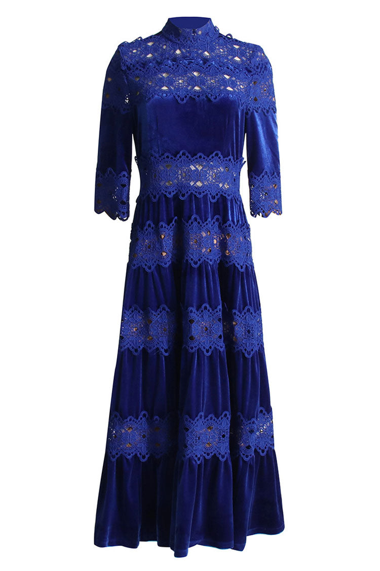 Velvet High Neck Half Sleeve Lace Trim Tiered Maxi Dress