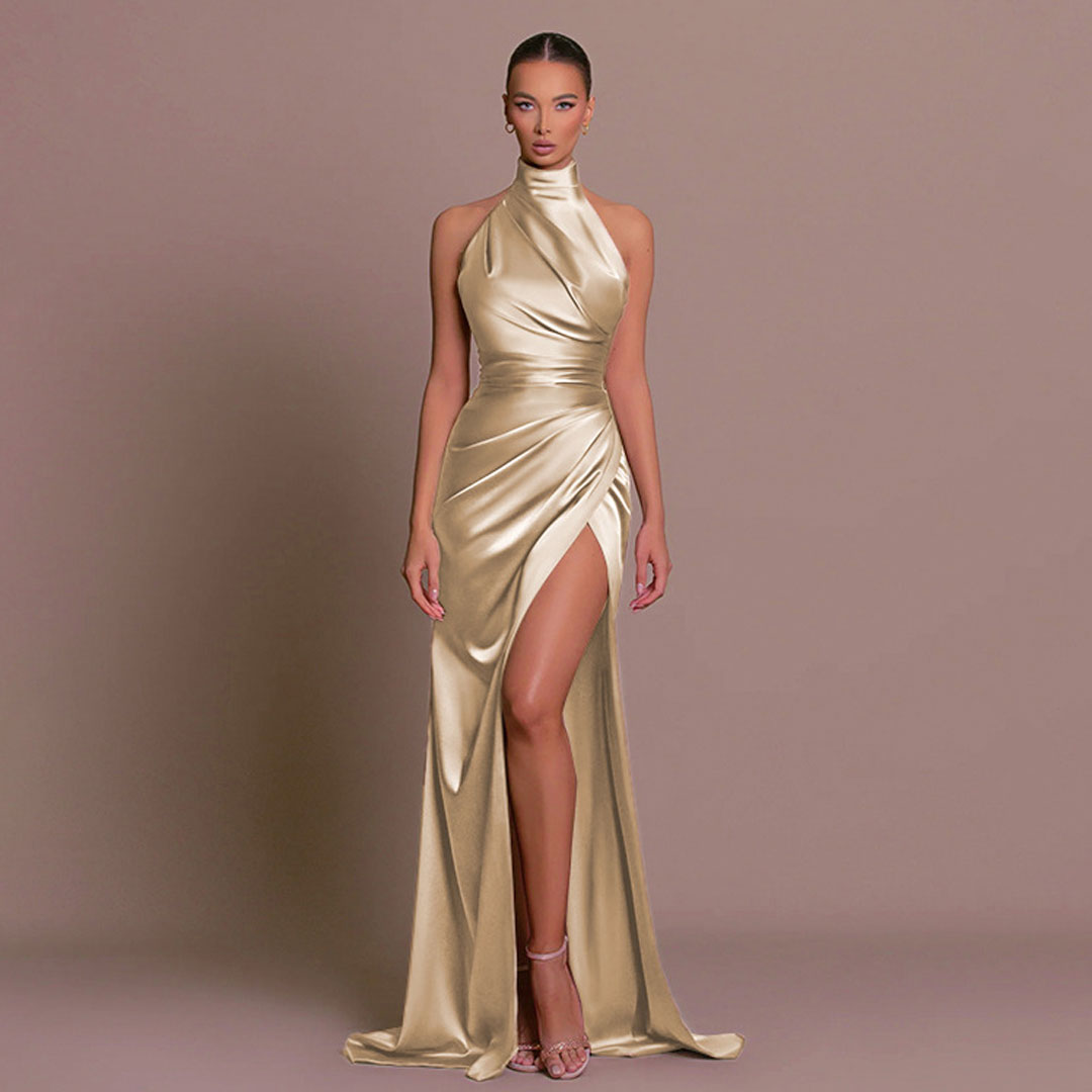 Luxurious High Neck Halter Ruched Side Split Satin Maxi Evening Dress