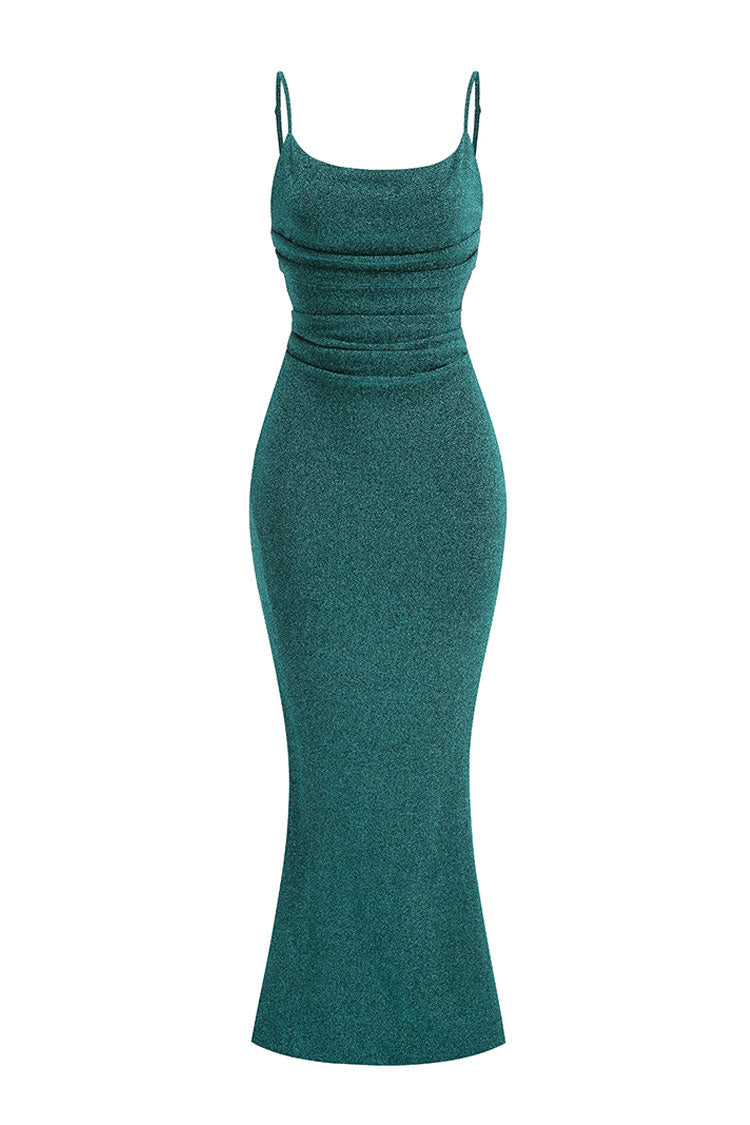 Luxurious Lurex Cowl Neck Ruched Mermaid Slip Evening Maxi Dress