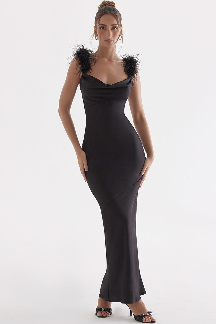 Luxury Cowl Neck Furry Sleeveless Fishtail Satin Evening Maxi Dress - Black 3