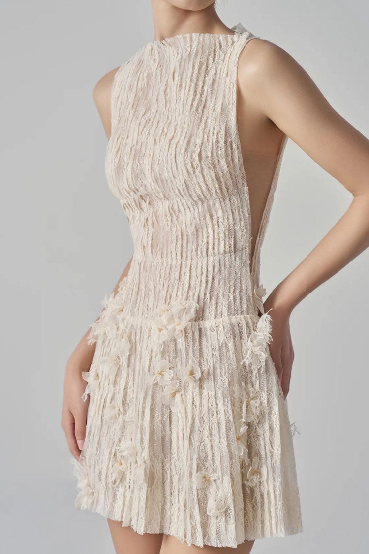 Luxury Crew Neck 3D Flower Sleeveless Lace Pleated Party Mini Dress