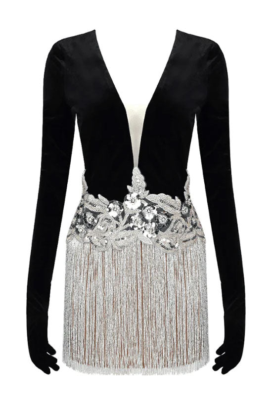 Deep V-Neck Long Sleeve Sequin Fringe Bodycon Mini Party Dress