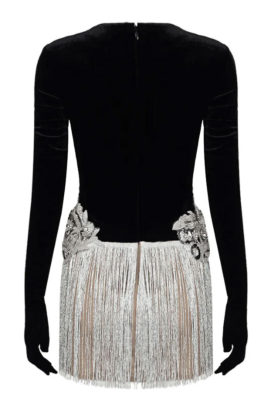 Deep V-Neck Long Sleeve Sequin Fringe Bodycon Mini Party Dress