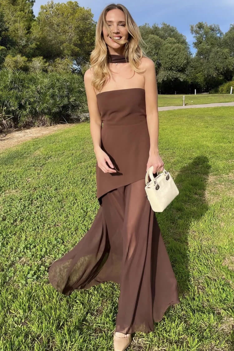 Luxury Draped Scarf Layered Chiffon Split Strapless Evening Maxi Dress