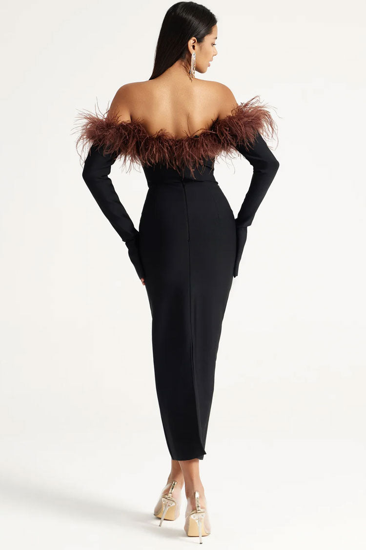 Luxury Feather Trim Off Shoulder Split Sleeve Bandage Cocktail Midi Dress - Black 2