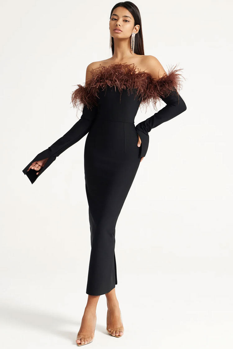 Luxury Feather Trim Off Shoulder Split Sleeve Bandage Cocktail Midi Dress - Black 3
