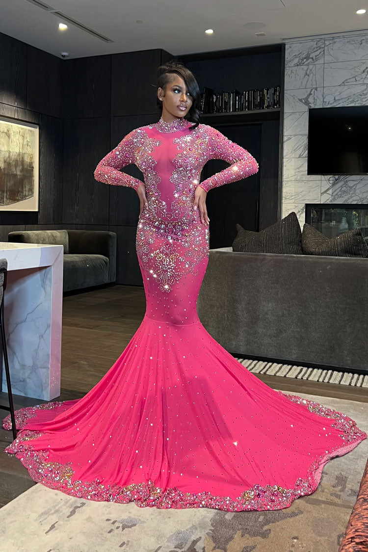 Upscale High Neck Long Sleeve Sheer Mesh Rhinestone Evening Maxi Dress - Rose