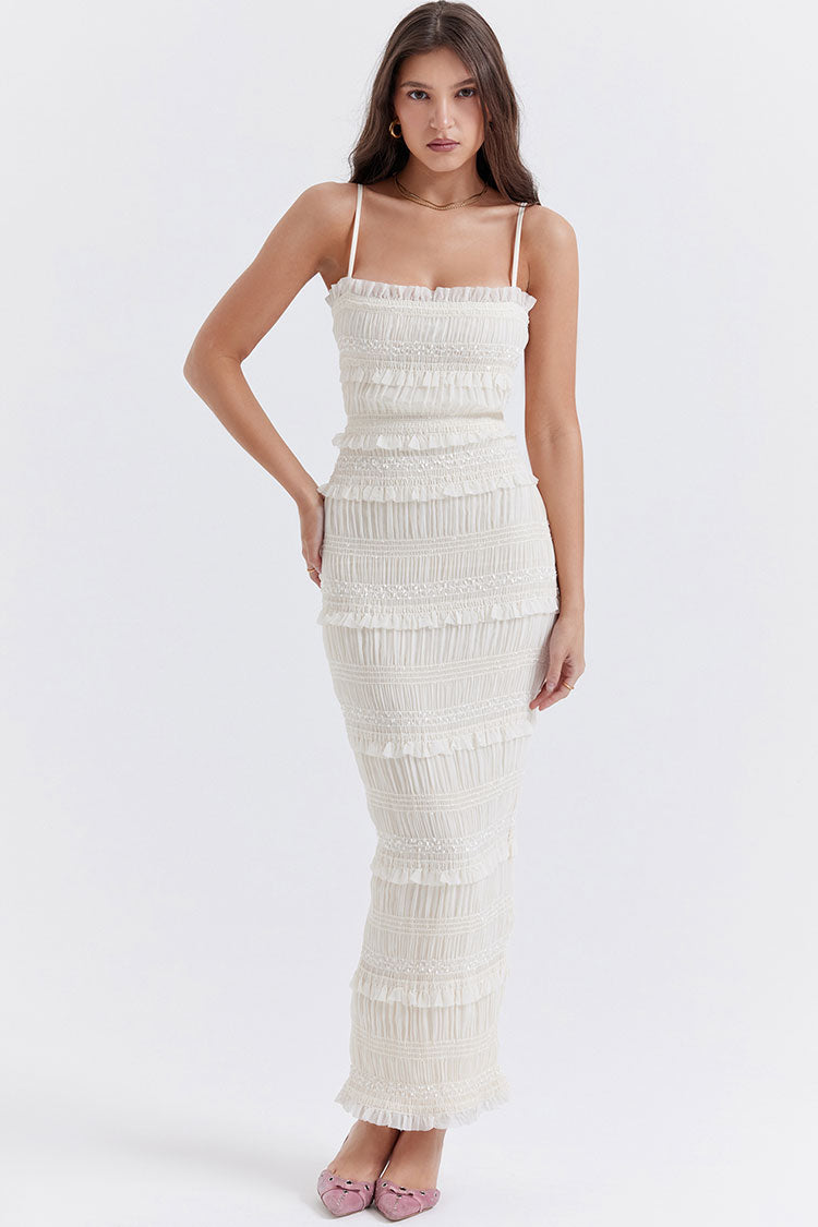 Layered Ruffle Spaghetti Strap Smocked Evening Maxi Dress - Ivory - View 2