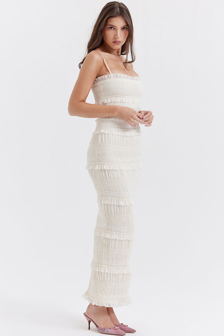 Layered Ruffle Spaghetti Strap Smocked Evening Maxi Dress - Ivory - View 3