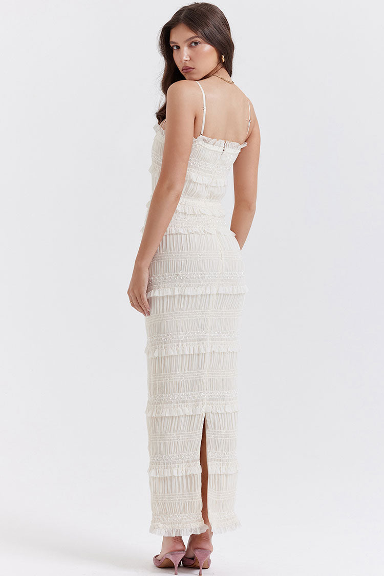 Layered Ruffle Spaghetti Strap Smocked Evening Maxi Dress - Ivory - View 4