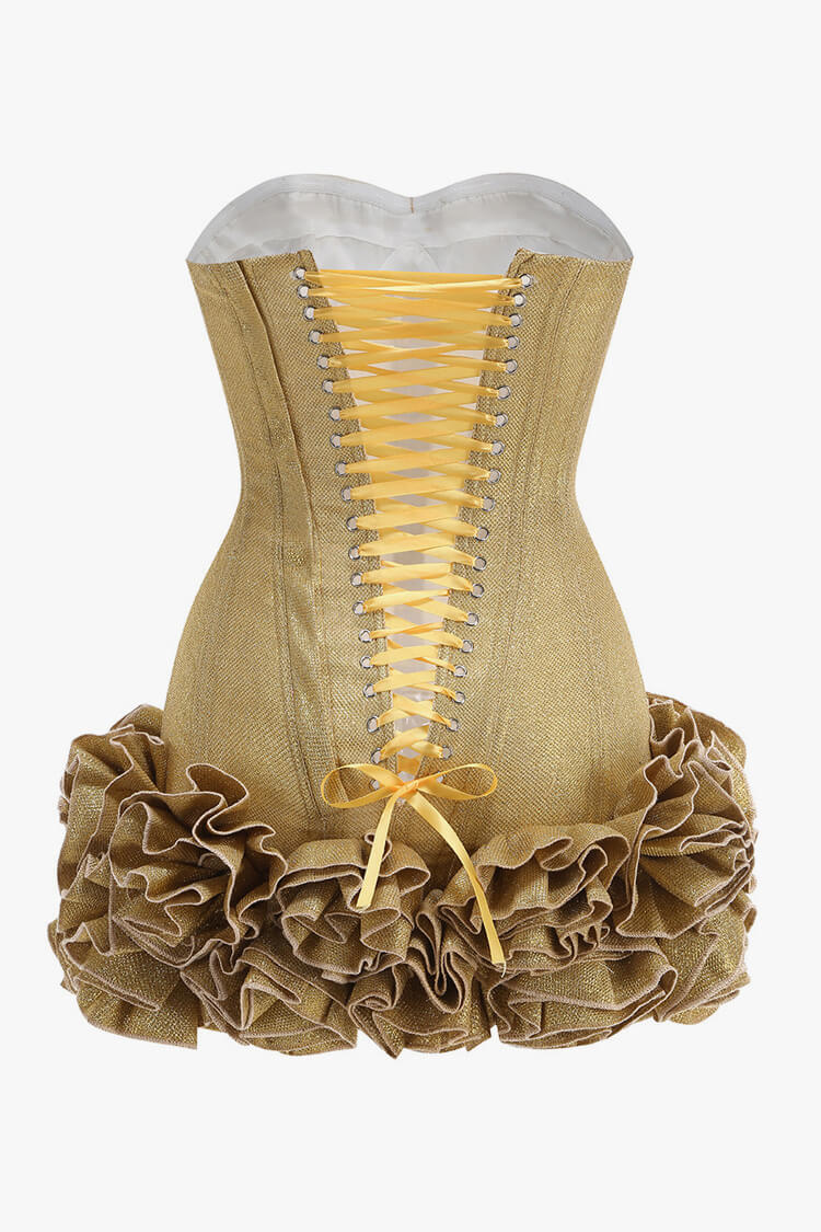 Luxury Lurex Bustier Lace Up Corset Tiered Rosette Micro Mini Party Dress