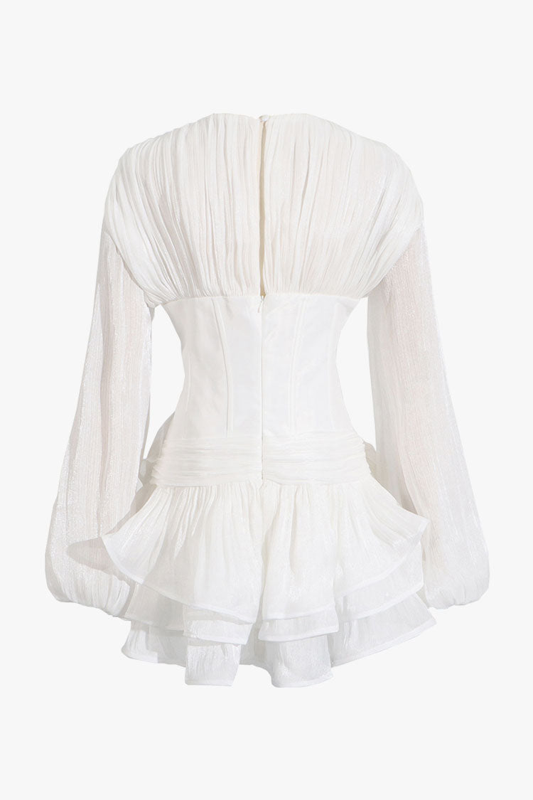 Luxury Lurex V Neck Pleated Rosette Corset Tiered Party Mini Dress