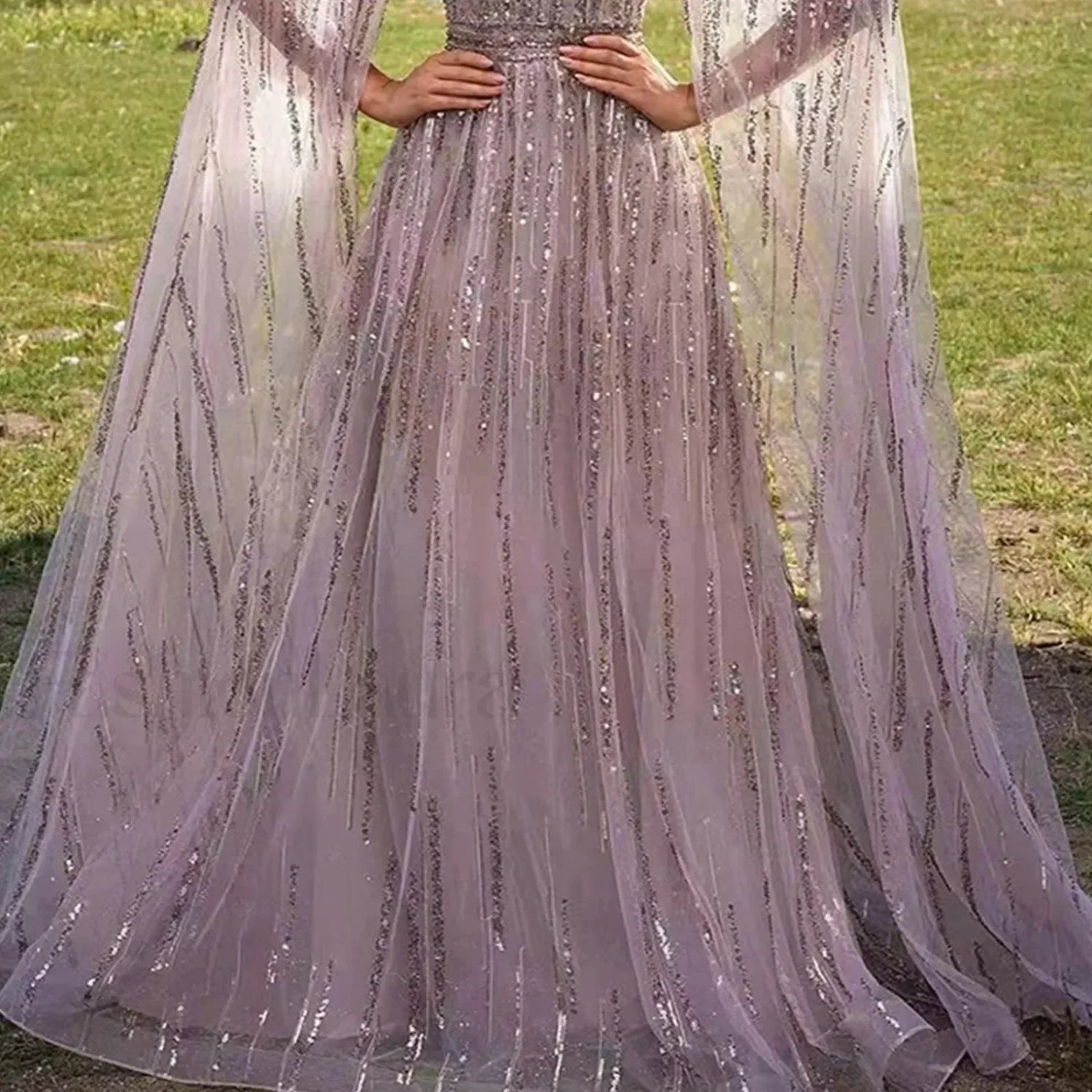 Luxury Nude Evening Halter Long Cape Sleeve Party Sequin Hollow Out A-Line Big Swing Waist Retraction Prom Dress