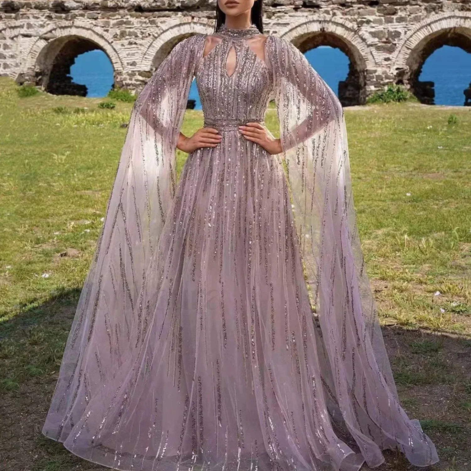Luxury Nude Evening Halter Long Cape Sleeve Party Sequin Hollow Out A Line Big Swing Waist Retraction Prom Dress Pink