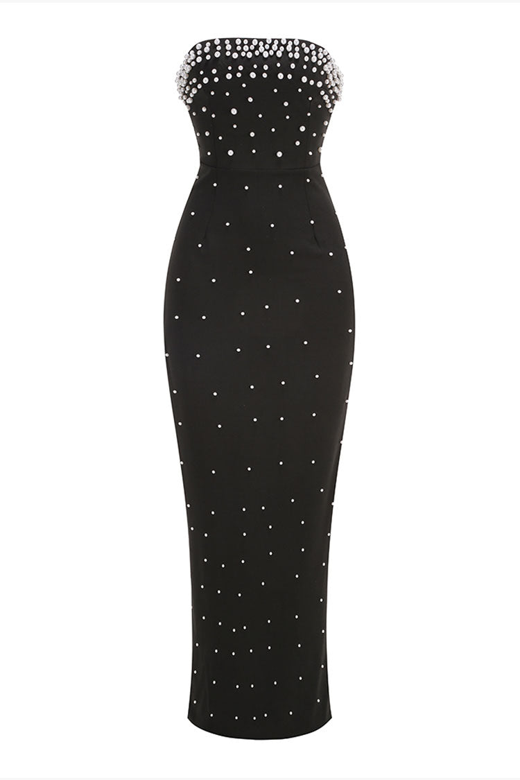Luxury Pearl Beaded Embellished Strapless Bodycon Slit Evening Maxi Dress
