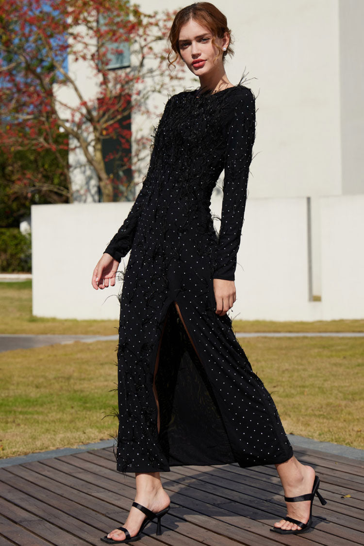 Rhinestone Studded Faux Feather Long Sleeve Front Split Maxi Dress