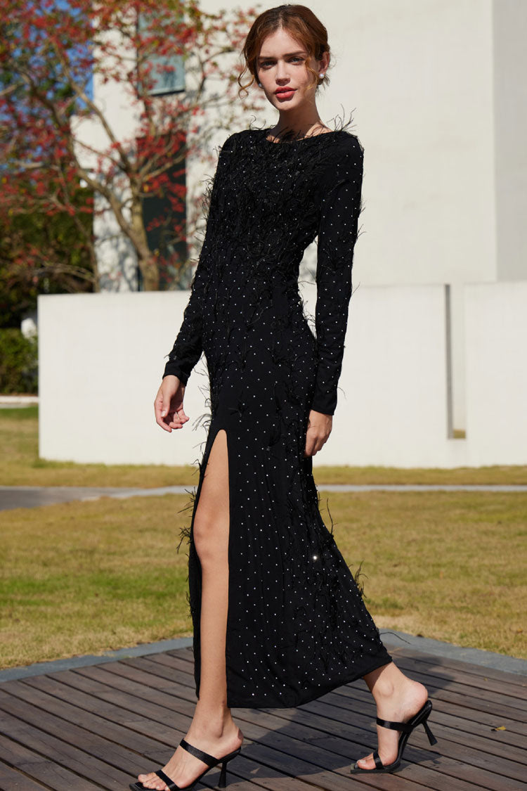 Rhinestone Faux Feather Trim Split Evening Maxi Dress - Black - View 2