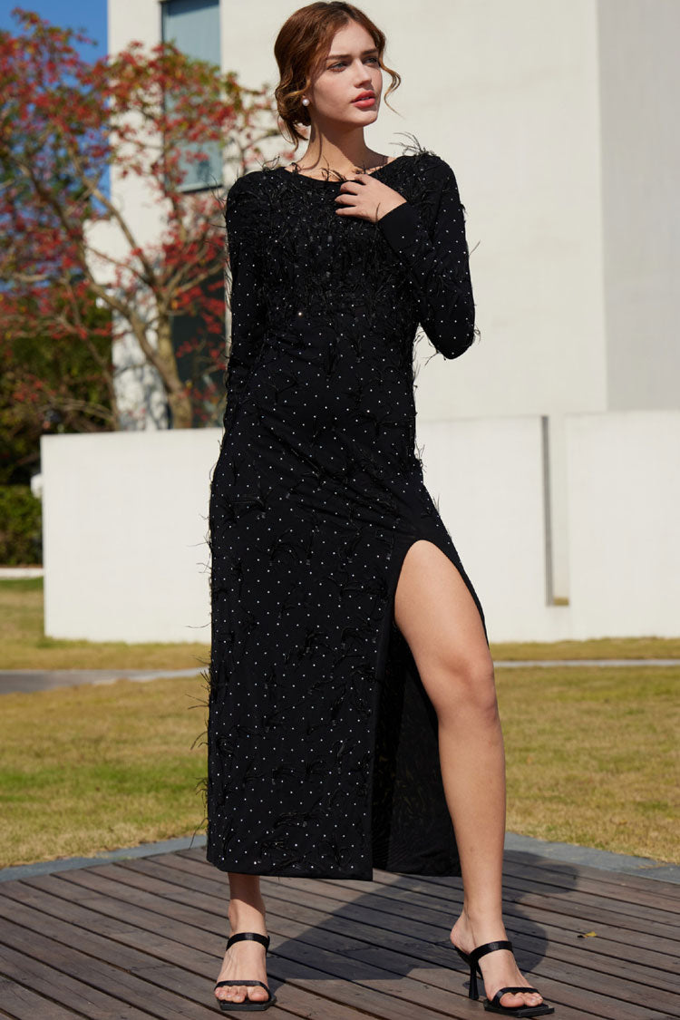 Rhinestone Faux Feather Trim Split Evening Maxi Dress - Black - View 3
