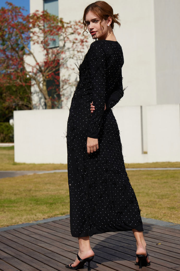 Rhinestone Faux Feather Trim Split Evening Maxi Dress - Black - View 5