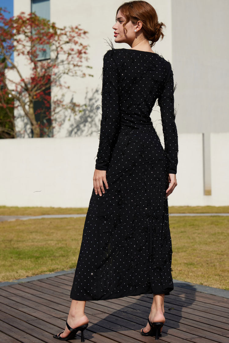 Rhinestone Faux Feather Trim Split Evening Maxi Dress - Black - View 6