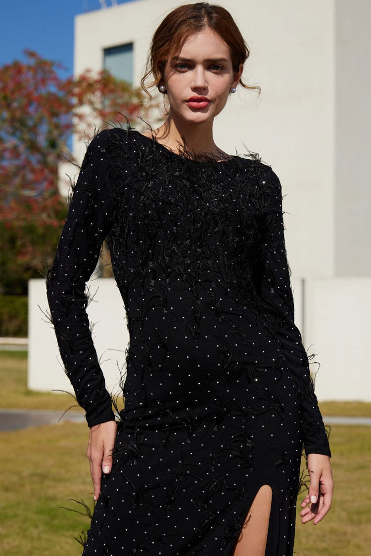 Rhinestone Faux Feather Trim Split Evening Maxi Dress - Black - View 7