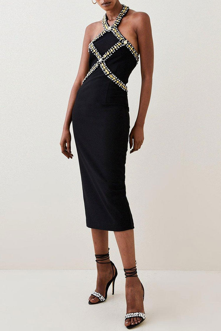 Rhinestone Halter Neck Beaded Bandage Bodycon Midi Dress