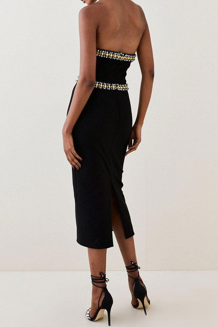Rhinestone Halter Neck Beaded Bandage Bodycon Midi Dress