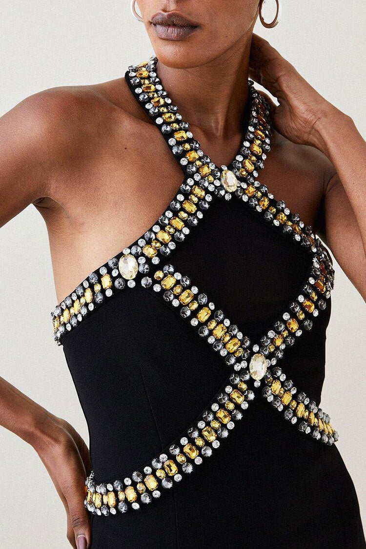 Rhinestone Halter Neck Beaded Bandage Bodycon Midi Dress