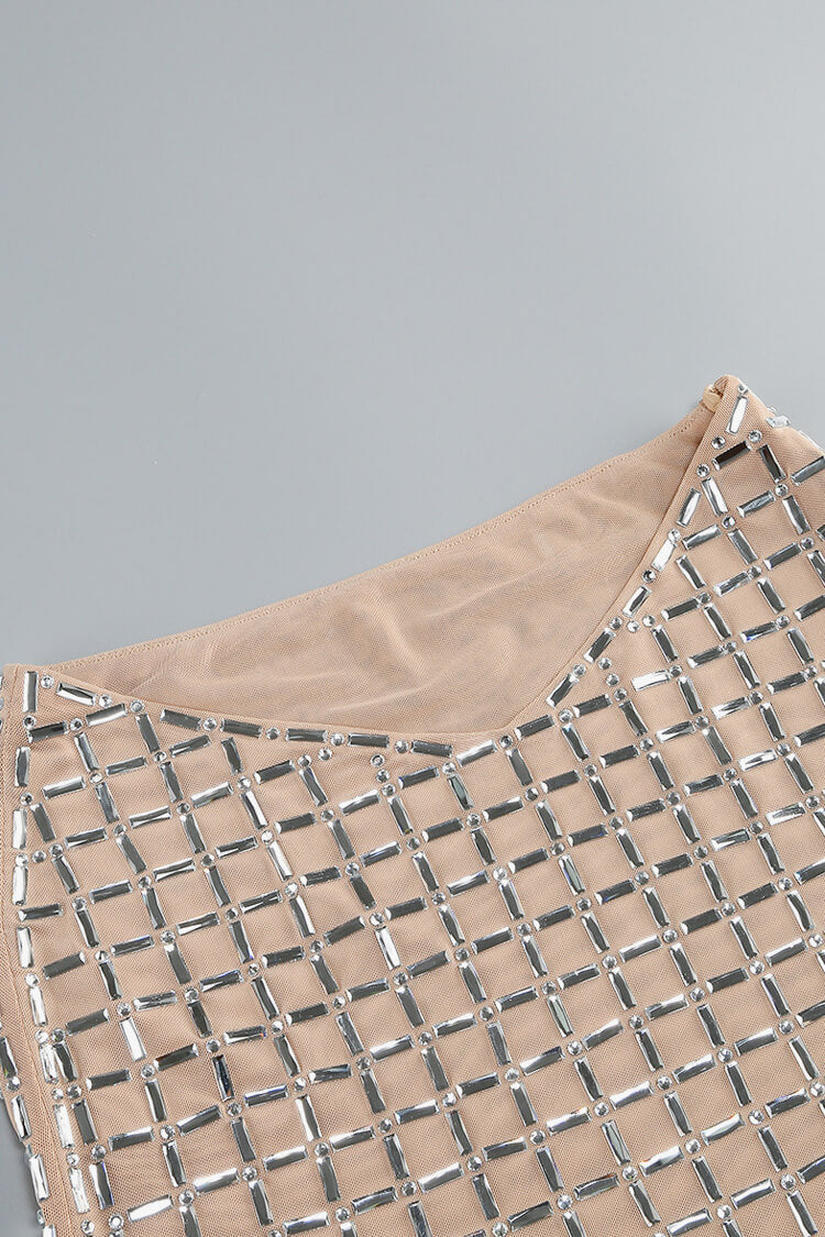 Luxury Rhinestone Mesh Crop Top Bodycon Skirt Two Piece Mini Dress