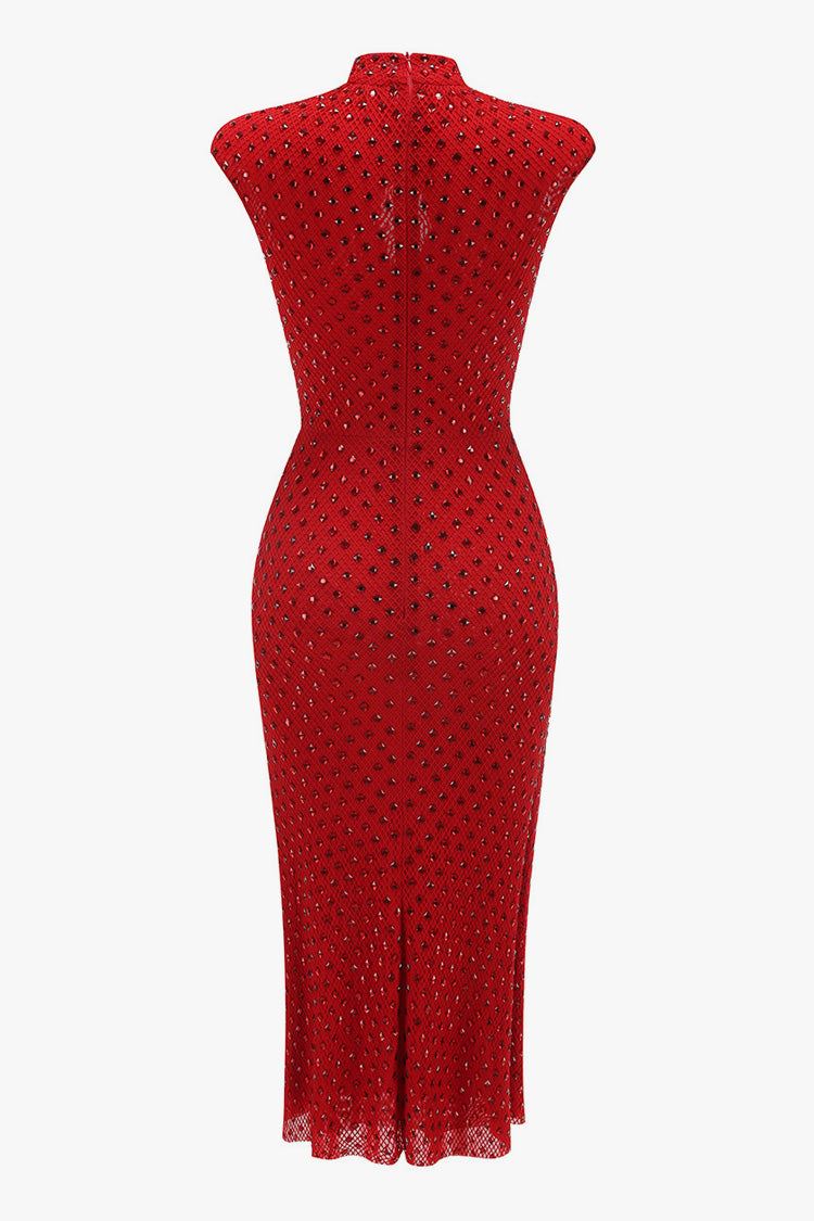 Luxury Rhinestone Rosette Mock Neck Fishnet Cocktail Party Midi Dress