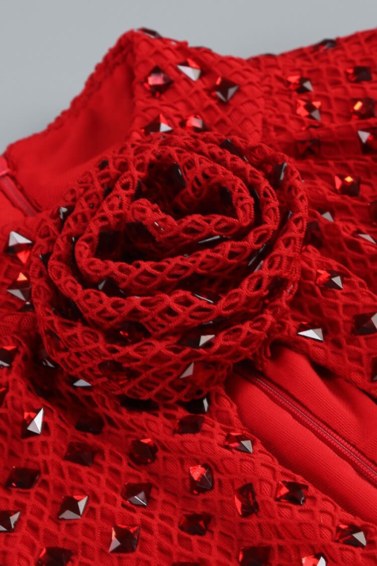 Luxury Rhinestone Rosette Mock Neck Fishnet Cocktail Party Midi Dress